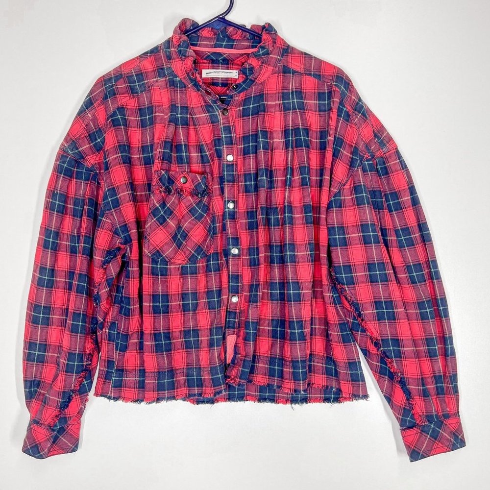 NEW Free People Emily Red Plaid Flannel Ruffle Shirt Jacket - XS - Picture 3 of 6